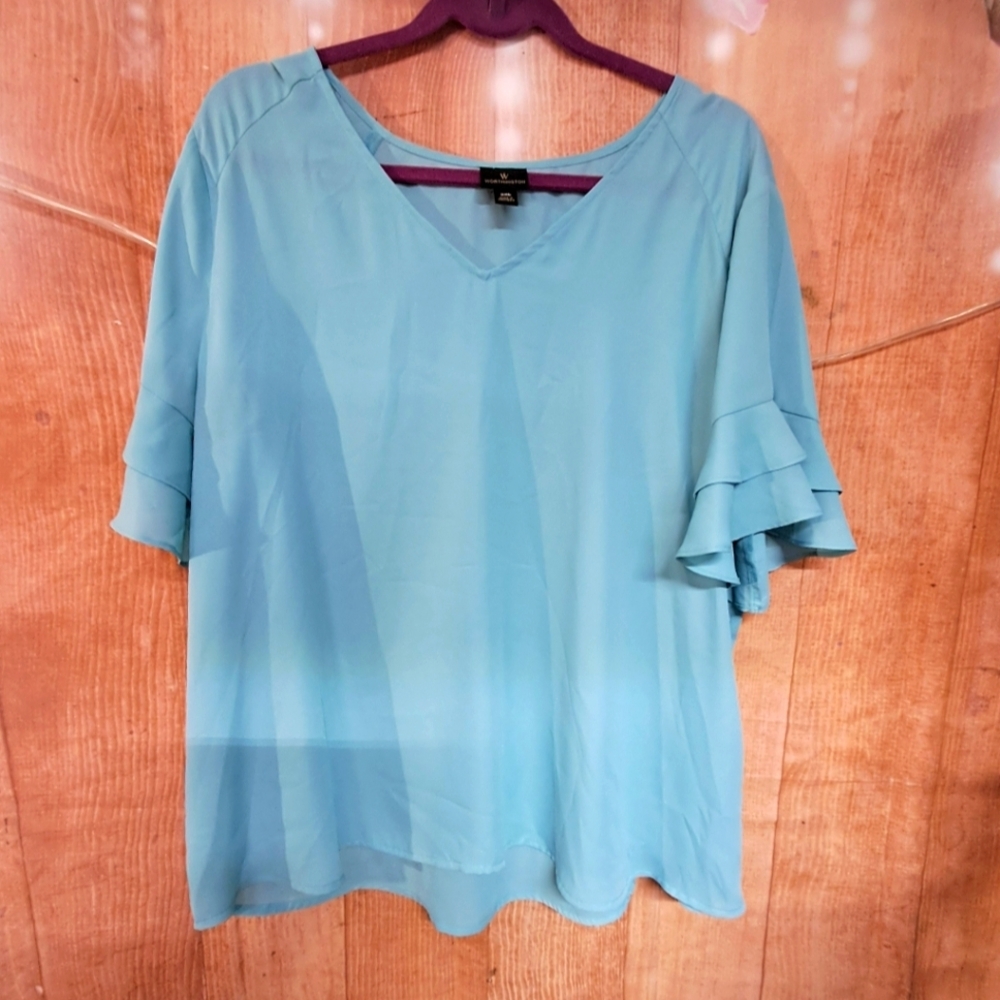 Worthington size XXL blue v-neck blouse ruffle sleeve
